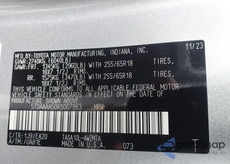 2024 Toyota Grand Highlander Xle from USA, damaged, VIN 5TDAAAA50RS007963